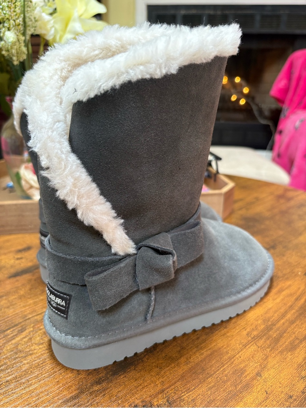 Koolaburra UGG New Gray Suede Faux-Fur Bow Kids Boot